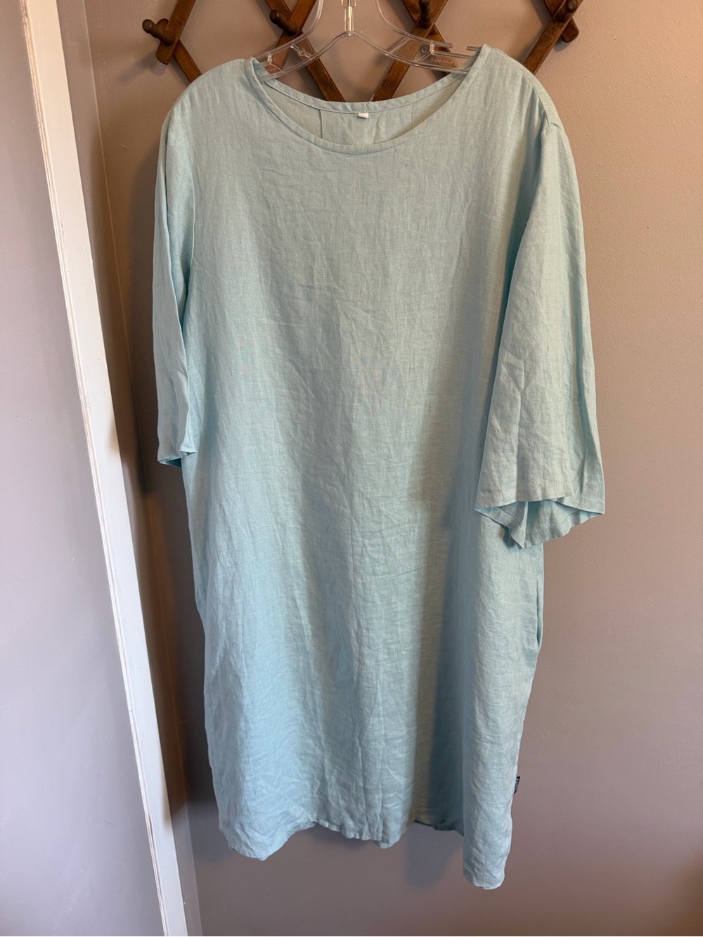 LinenMe Blue Linen Pleated Back Pocket Midi Shift Dress Size 2X